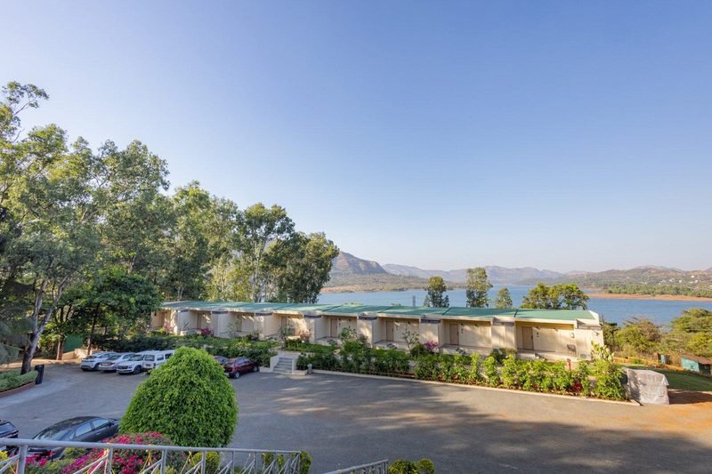 The resort seen across the lake